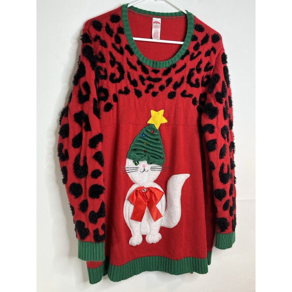 Holiday Time Christmas Sweater 2x Pullover Tunic Ugly Sweater Cat Tree